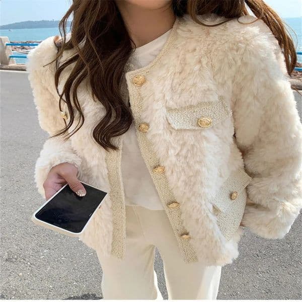 Womens artificial wool patch work leather jacket winter warm fur fluffy 240824wtt