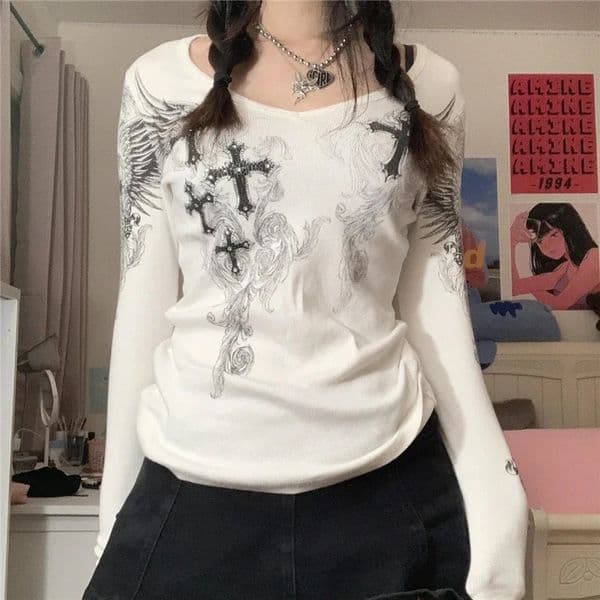 Y2k Graphic Cross Wings Print Long Sleeve Women Grunge Fairy Tshirt Harajuku Tee 2000s Aesthetic Punk Style Clothes Streetwear 2501008
