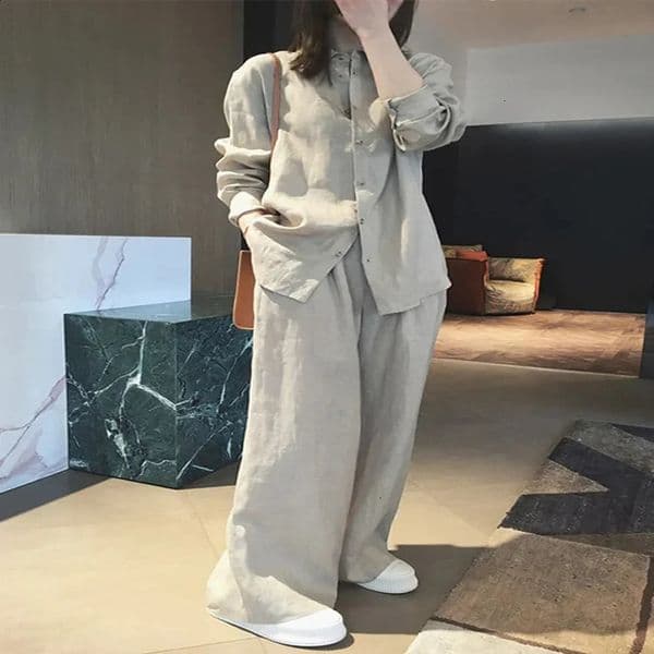 Linen Long Sleeve Shirt Pants Suit 100% Cotton Womens Set Wide Leg Pant Tracksuit Two Piece Loose Trousers Outfits Size XXL 240729wtt