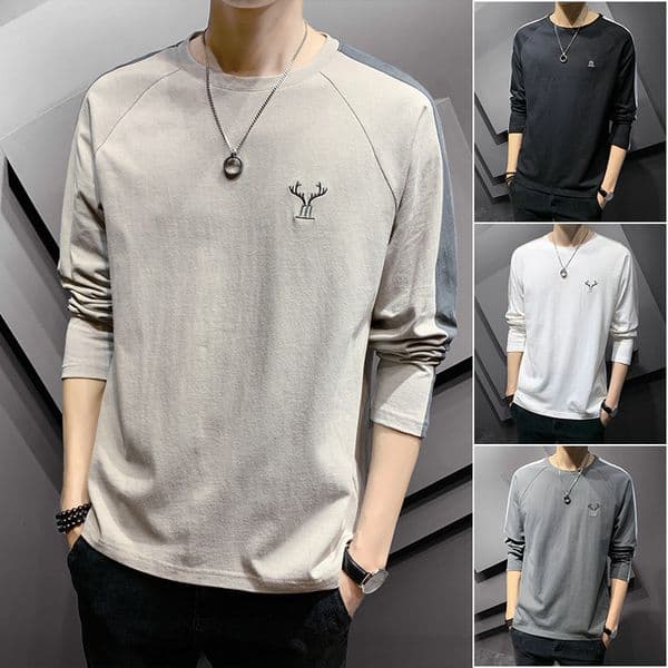 New Long Polo Sleeve T-shirt For Men Trendy Round Neck Loose Base Shirt Simple Designer Hoodie Designer Shirt Fashion Patchwork Cotton Casual Men's Clothing