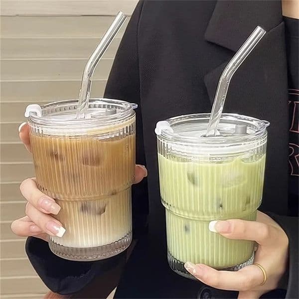 450ml Stripe Coffee Glass Cup With Lid and Straw Transparent Glasses Tea Juice Milk Mocha Cups Breakfast Mug Drinkware 250217q