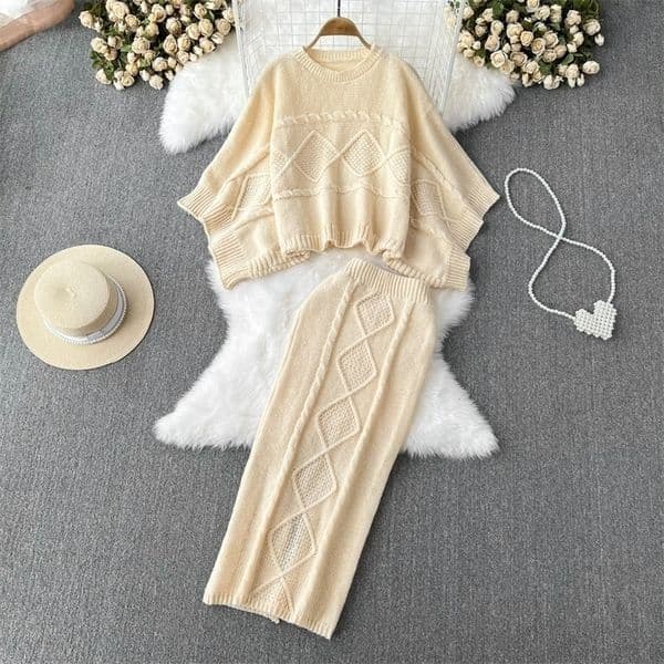 Two Piece Dress Autumn Winter Korean Women Knitted 2 Piece Set Batwing Sleeve Loose Tops Slim Bodycon Skirt Female Sweater Suits 230421CJ