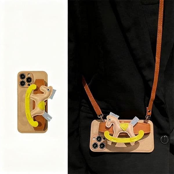 High-end Leather Little Wooden Horse Wrist Strap Case for iPhone17 Pro Max with leather rope,for iPhone 16 Pro Max Case Design Soft Bumper Protective Case Cover