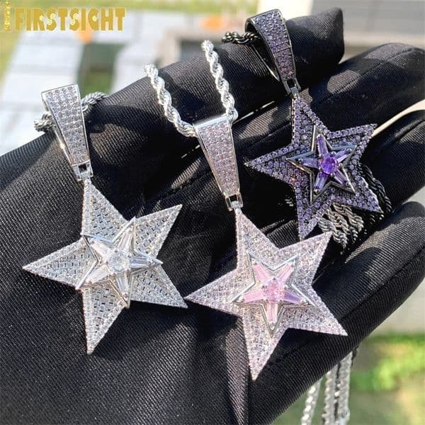 Iced Out Rotatable Star Pendants Silver Color Rectangle CZ Cubic Zirconia Multi Layers Spinning Charm Hiphop Men Women Jewelry 241119wtt