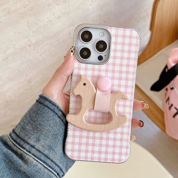 for iPhone 16 Pro Max Case Cute Aesthetic Gingham Ins Borderless Ring Wooden Horse Stand Phone Case Soft Slim TPU Shockproof Phone Cover for Women Girls