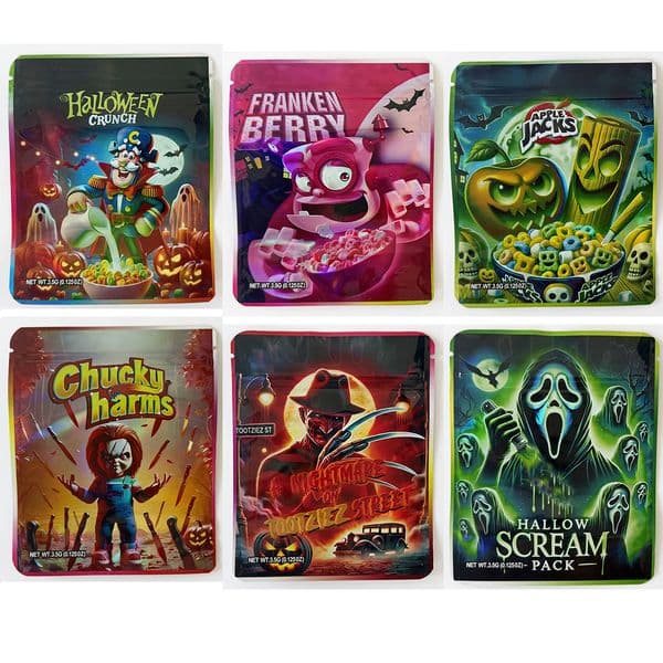 New Designs Halloween Cartoon Mylar Bags 3.5g Smell Proof Pouch Soft Touch Empty Pack Zip Lock 3.5 Plastic Package Pouches Storage Packaging case Candy Gift