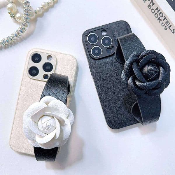 Fashion wrist strap 3D camellia PU leather GIRL Case for iPhone 16 15 14 Phone Cover 13 12 11 Pro MAX Hard Shockproof Back Funda