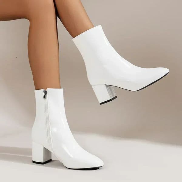 White Ankle Boots for Women Side Zipper Stretch Middle Heel Large Size Short Boot Fashion Pointed Shoes Botas De Mujer 2024 250930