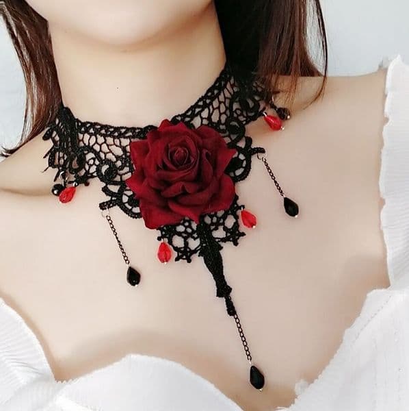 Dark Gothic Lolita for Women Rose Flower Collarbone Chain Choker Necklace