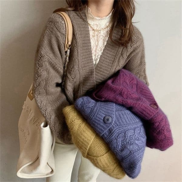 Women's Knits Tees Cardigan Women Casual Sweater Retro Twisted Solid Loose Pockets Single Breasted V-Neck Trendy Jumper Female Tops Outwear 230912CJ