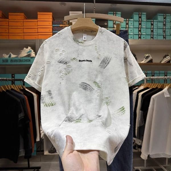 American High Street Distressed Short Designer Hoodie Sleeve Designer Shirt Men's Summer Cool Graffiti Half Sleeve T-shirt 2025 New Round Neck Trendy Brand T-shirt
