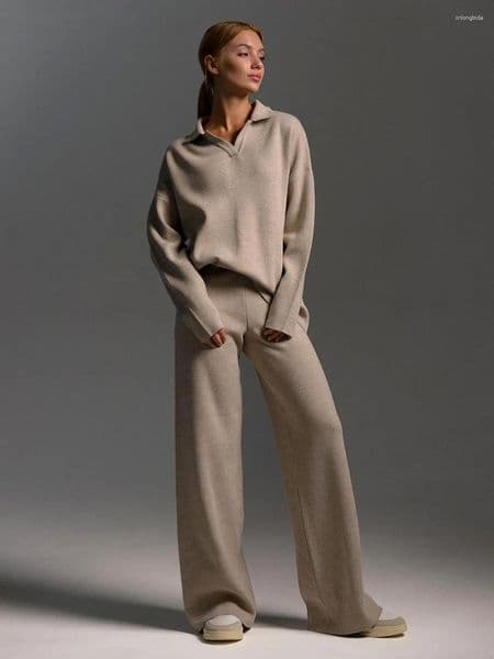 Women's Two Piece Pants Winter Thick Women Knitted 2 Pieces Sets Suits Soft Female Polo Neck Sweater Wide Leg Clothes S260421