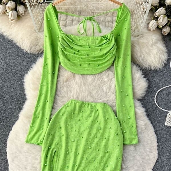 Two Piece Dress SINGREINY Sexy Club Two Piece Sets Women Long Sleeve Square Neck Short Tops Mini Skirt Fashion Beading Y2K Streetwear Suits 230422CJ