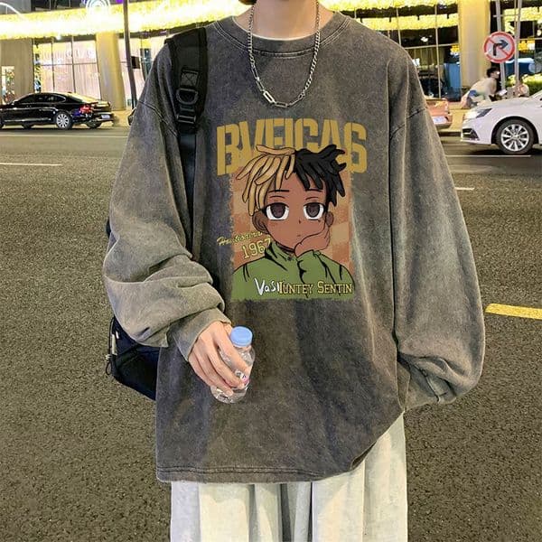 Designer Shirt Designer Hoodie Washed Vintage Long Sleeve T-shirt For Men Ins Trendy Brand Hong Kong Style Casual Base Shirt Oversize Niche Design Sweatshirt