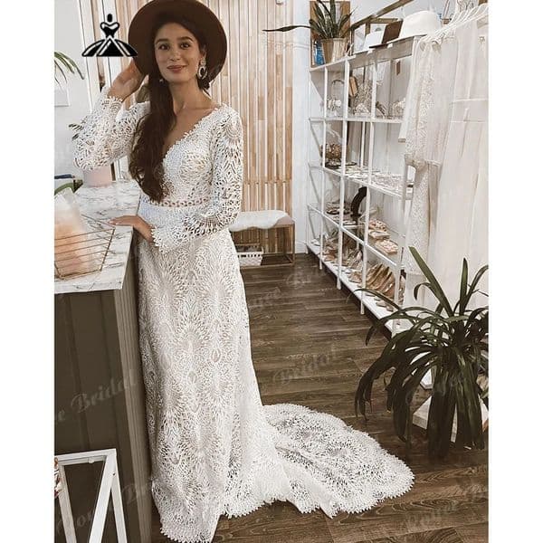 Vintage Long Sleeve Lace Mermaid Boho Wedding Dresses for Women Backless 3D-Floral Appliques Bridal Gowns Custom Made Color/Size