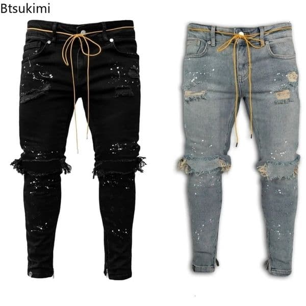 ripped hole jeans mens hiphop cargo pants Distressed denim tight fitting clothing fulllength ultrathin trousers 240830
