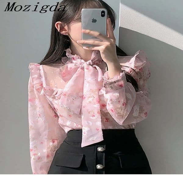 Long sleeved chiffon printed floral shirt with single chest button cute bow womens pleated edge unique pink top blue 240822