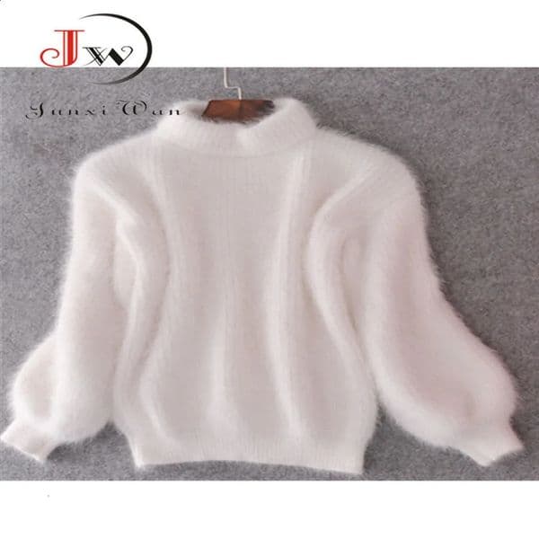 White Mohair Thick Collar Sweater AutumnWinter Sweet Fashion Lantern Sleeves Casual Solid Color Floral Womens 240826