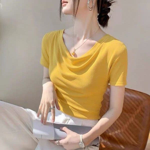 Modal Designer Hoodie New Fashion Slim Fit Pile Collar Design Short Sleeve Slimming Designer Shirt Concealing T-shirt Swing Collar Women's Top