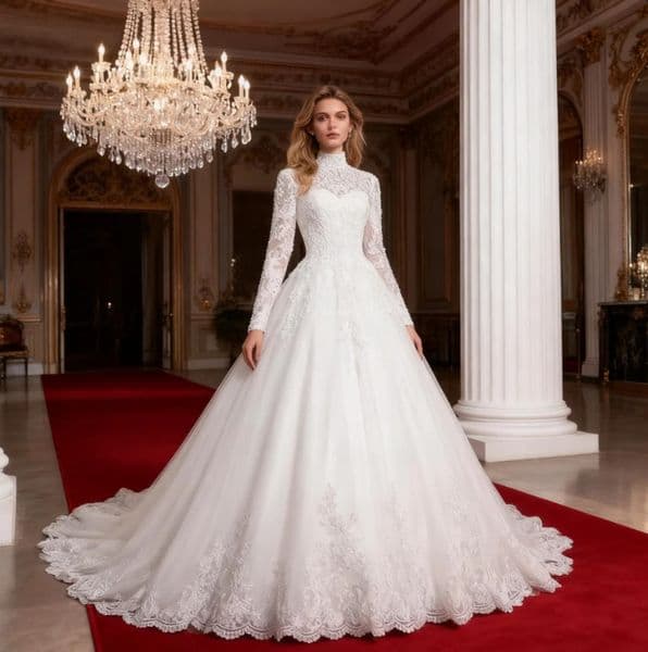 Exquisite High Collar Lace A-Line Wedding Dresses Court Train Illusion Long Sleeves Ivory Tulle Bridal Gowns Customized Vestidos De Novia