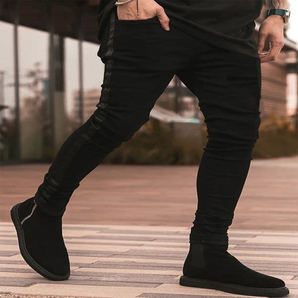 Streetwear mens tight jeans pants pencil bike side striped hiphop slim fit elastic 240819