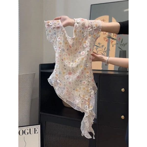 Designer Hoodie French Sweet Floral Ruffle Designer Shirt Irregular Elegant Blouse For Women Summer New Design Slim Fit Short Sleeve Top