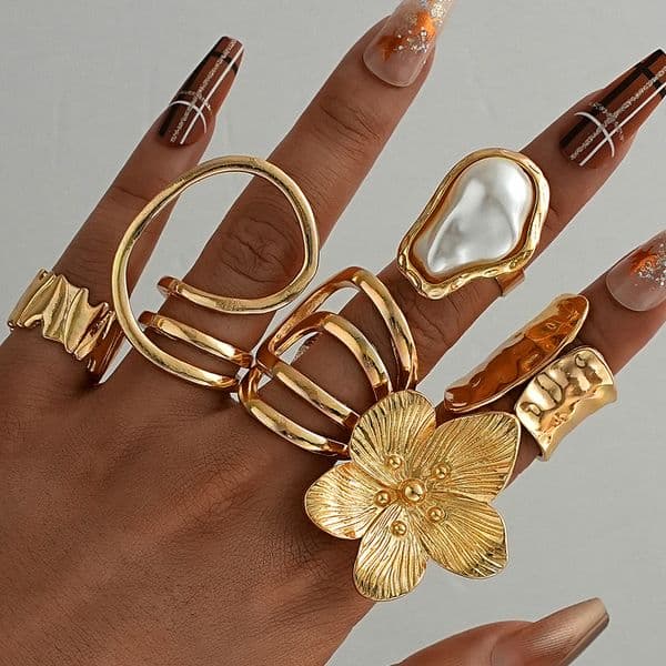 6PcsSet Fashion Pearl Flower Rings For Women Irregular Exaggerated Gold Color Line Set Female Jewelry Gifts 250925BJ