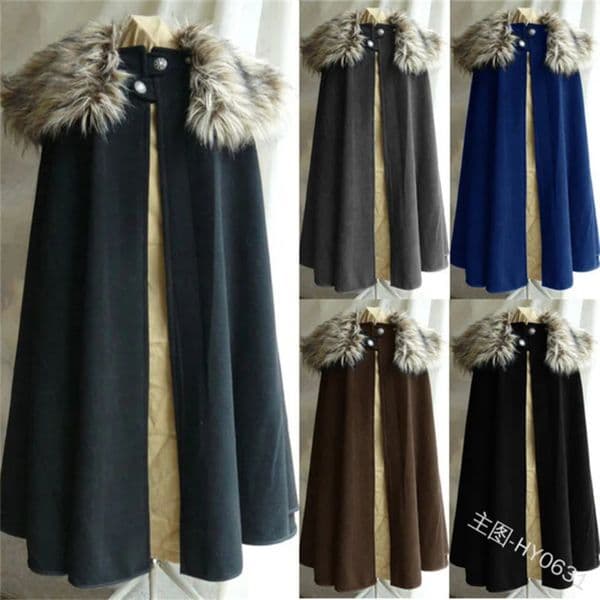 Mens Medieval Costume Cloak Autumn Winter Thick Warm Solid Fur Collar Cape Coat Loose Gothic Women Vintage Woolen Ladies Coats 241112