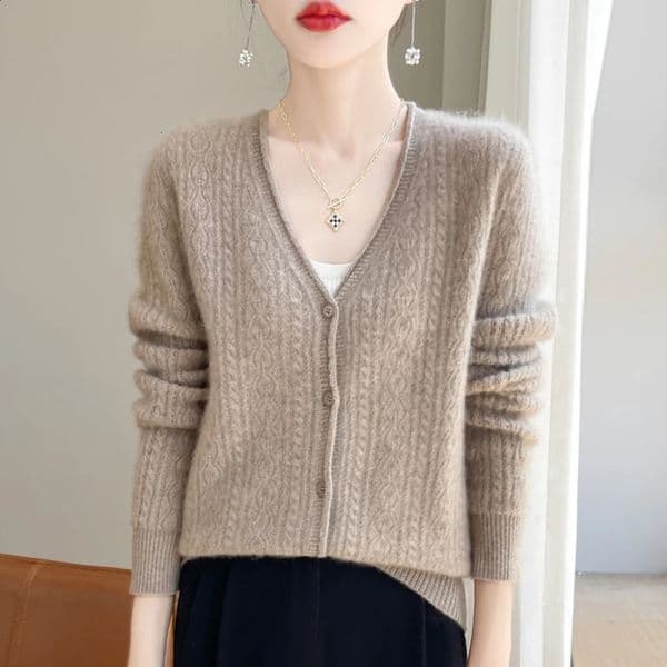 Pure wool sweater cardigan womens clothing Vneck hollow long sleeved autumn knitted curled edge 240819