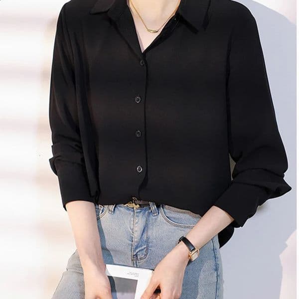 Womens clothing collar long sleeved shirt autumn retro commuting chiffon elegant loose casual solid top 240823BJ