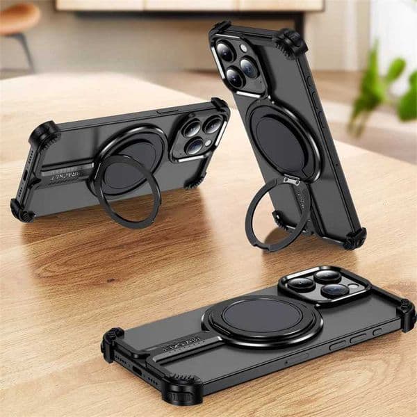 Magnetic Metal Rimless Stand Phone Case For iPhone 16 15 14 13 12 Pro Max Plus Aluminum Alloy Shockproof Protective Case C251011