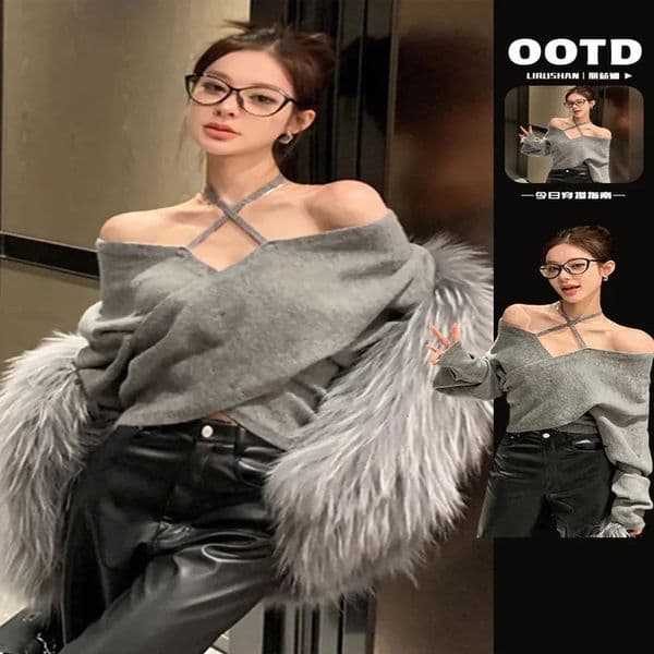 Womens gray diagonal collar floral knit sweater retro Harajuku Korean fashion Y2k 90s jumping Emo 2000s autumn clothing 240826