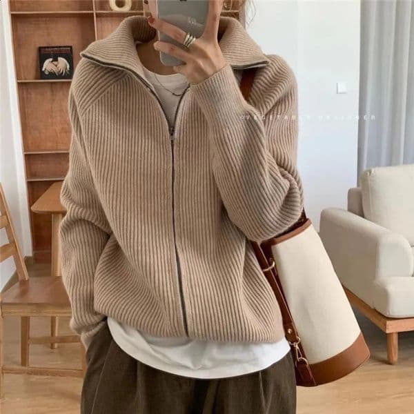 Limiguyue autumn turtle collar zipper wool sweater jacket womens knitted cardigan thick long sleeved warm U918 240826