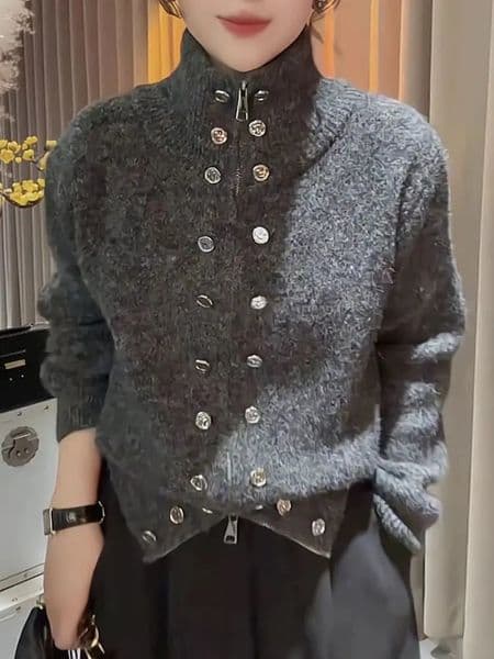 Autumn Winter Jacket Womens Knit Cardigan Zip Jumper Chic Doublebreasted Highend Clothing Tops Streetwear 251009