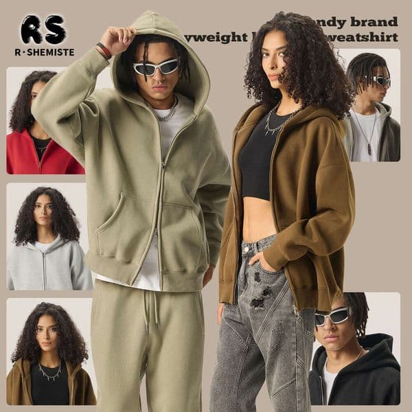 RS Men's Clothing|Wasteland Double Zipper Hooded Cardigan FOG American Style Fleece 350G Sweatshirt Jacket