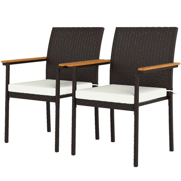 Outsunny Stackable Patio Wicker Dining Chair Set of 2 with Cushions Backrest Armrests for Deck Garden Cream White