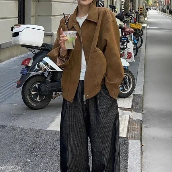 Retro American Suede Jacket Womens Loose Lapel MidLength Casual Spring Autumn Fashionable Top Full Slve Origin China 251008 S260424
