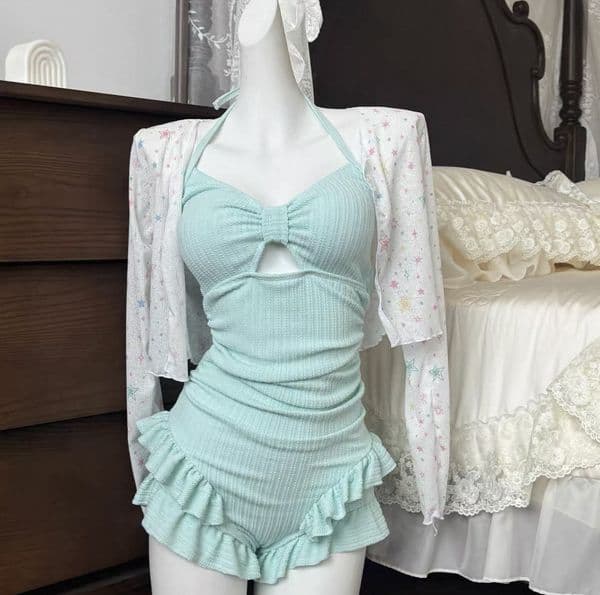 New One-Piece Swimsuit Two-Piece Set Sun Protection Halter Neck Tie-Up Fresh Beachside Ins Korean Style Beach Vacation Hot Spring