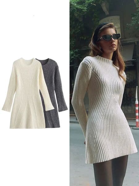 Womens Ribbed Knit Long Sleeve Dresses Autumn and Winter Texture Slim Bottom Sweater Dress Temperament Womens 251013