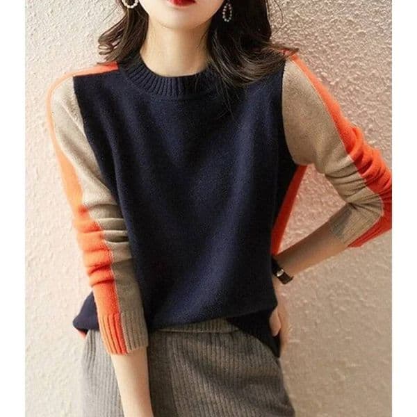 2025 Early Spring New Vintage Loose Sweaters Women's O-neck Spliced Casual Wool Knitwear Simple Fashion Knitted Pullover dongdumaoyi