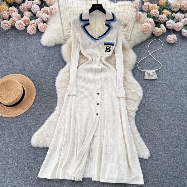 Fashion Dresses For Women 2025 New Embroidered Vneck Knit Short And Long Slve Midi Dress Ladies Woman Classic Clothing L251030P8TK