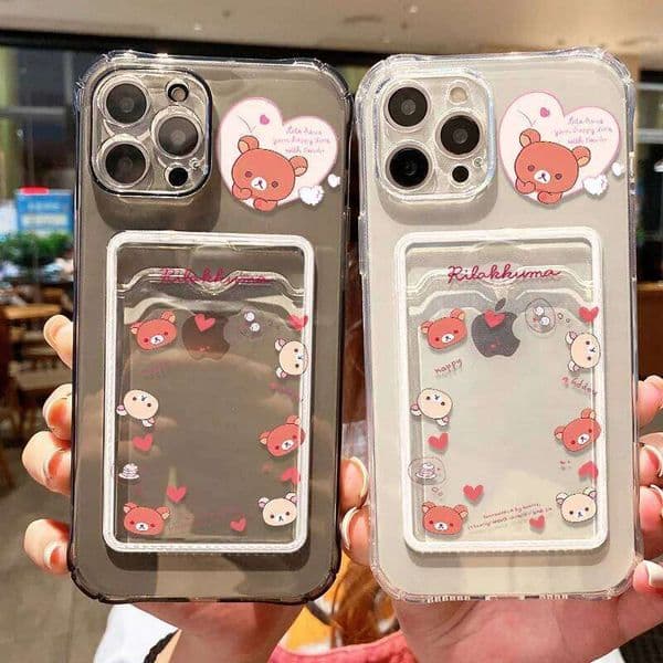 Pink Bear Card Slot Holder Case For iPhone 11 12 13 14 15 Pro 17 Air 16e XR XS Max 16 Plus Clear Soft Pocket Wallet Cover
