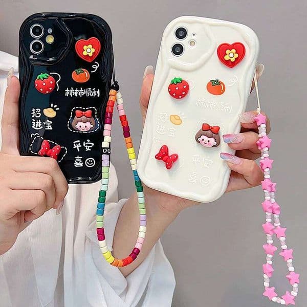 Hand Strap Bracelet Soft Wave Edge Cases For 15 Case iPhone 11 13 12 14 Pro Max X XR XS 7 8 Plus Strawberry Patch Cover