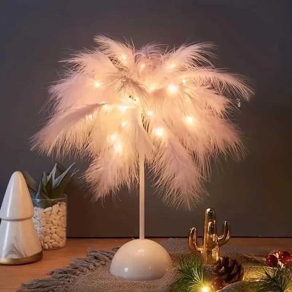 Creative Feather Table Lamp Warm White Light Tree Feather Lampshade Girl LED Wedding Decorative Lights Birthday Gift Home Decor Z251014