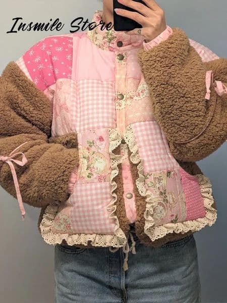 Chic Lamb wool Patchwork Floral Print Cotton Padded Jacket Women Single Breasted Lace Long Sleeve Coat Winter Warm Outwear 251011