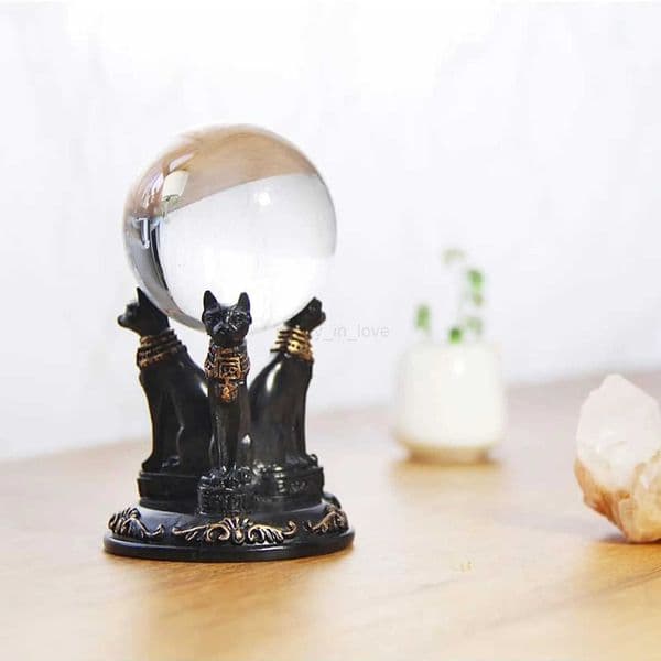 2025 Egyptian Bast Cat Crystal Ball Display Stand Resin Figurine Home Decor Creative Egyptian Black Cat Desktop Decoration M251014