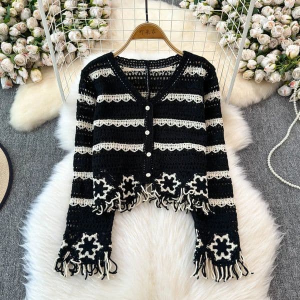 Embroidery Floral Crochet Knit Top with Tassel Long Sleeve Buttondown Openknit Cardigan Sweater Women Teengirl Cute Outfit 251010
