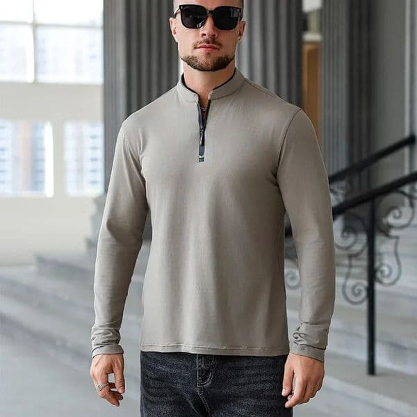 2025 Mens Casual Fashion Zipper Solid Color Long Sleeved Polo Shirt Stand Up Collar Versatile Comfortable Top 251011BANJIA