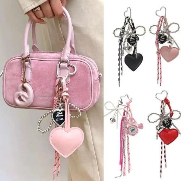 Korean Leather Love Heart Pearl Bow Keychain Handmade Woven Rope Keyring Y2k Bag Pendant Jewelry Sports Hanging Accessories 251011