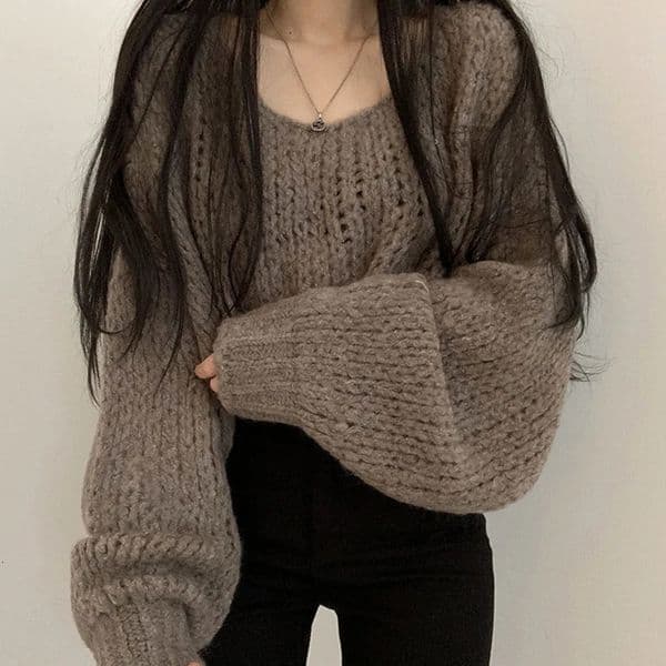 ITOOLIN Autumn Women Hollow Out Solid Sweater Lantern Sleeve ONeck Knitted Pullovers For Winter Casual Loose 251013